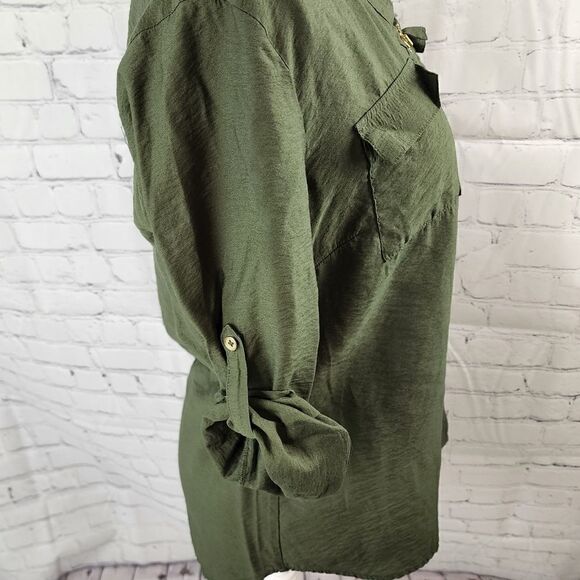 ROZ & ALI WOMEN'S ARMY GREEN TOP  1/4 QUARTER ZIP ROLL SLEEVE OPTION SIZE SMALL - Picture 4 of 7